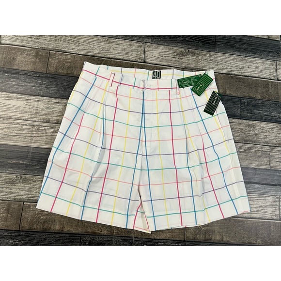 Izod White Tattersall Cotton ‎ Multi Plaid  Chino Flat Front NEW Shorts 40 - Picture 1 of 5